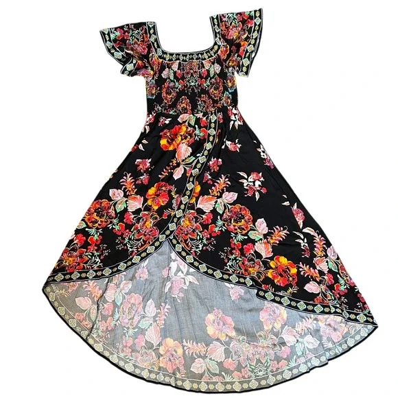 Lulus Black Vibrant Floral Off Shoulder Hi Lo Dress M Boho Tropical Vacation - Picture 6 of 10